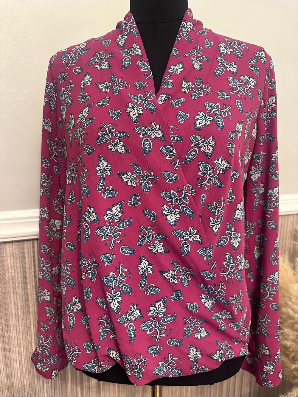 Pleione Blouse S Berry Pink Paisley Floral Surplice Wrap Long Sleeve Boho